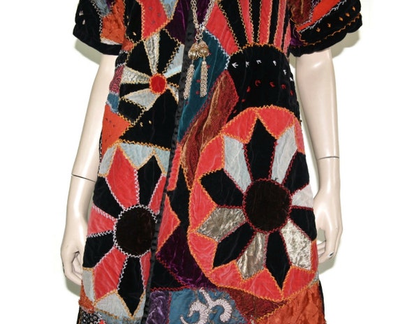 Antique 1930s patchwork silk velvet duster, 70s 1… - image 5