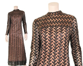 70er Schwarzes Pailletten Illusion Kleid, 1970er Richilene Perlen pailletten verschönert Mesh Maxi, Designer glam Perlen Trophäenkleid, medium m large l