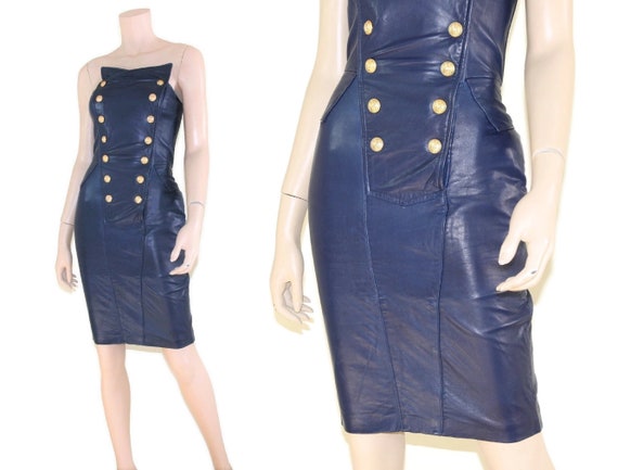Navy blue leather dress hotsell