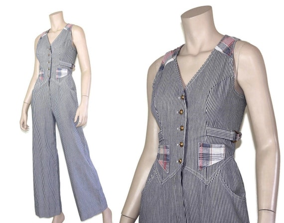 70s pinstripe plaid denim jumpsuit, 1970s western