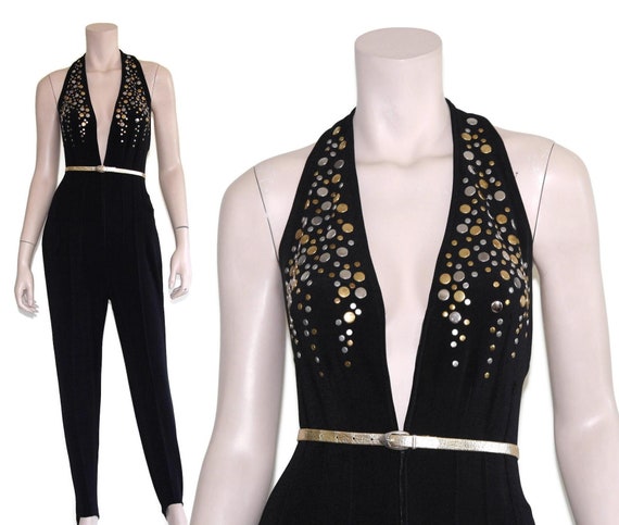 1980s plunging gold studded halter jumpsuit Vintage 80s black | Etsy