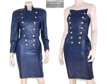 80s navy blue north beach leather military dress & jacket set, 1980s michael hoban strapless gold biker mini, Glam rock moschino xxs xs