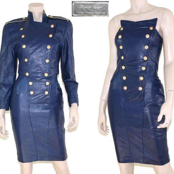 80s navy blue north beach leather military dress & jacket set, 1980s michael hoban strapless gold biker mini, Glam rock moschino xxs xs