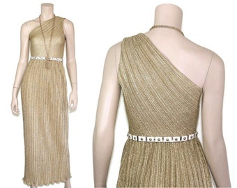 Vintage 1970s 1980s gold metallic plisse one shoulder maxi dress, 70s 80s grecian lurex lame pleated disco gown, Halston dupe xxs xs small s