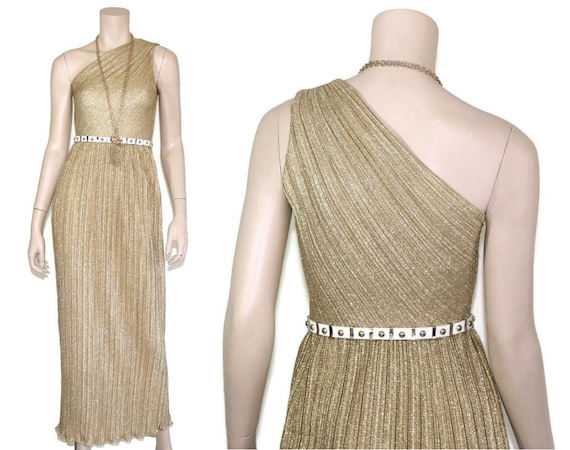 Vintage 1970s 1980s gold metallic plisse one shou… - image 1