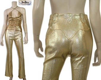 Vintage gold metallic western 60s 70s rodeo pants, 1960s 1970s lurex lame southwestern straight leg glam disco trousers, xs small s