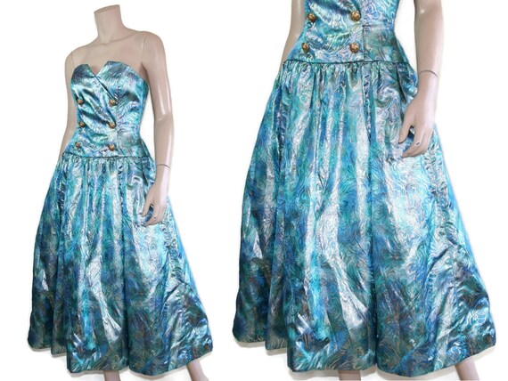 80s sea foam blue & gold lame tuxedo party dress,… - image 3