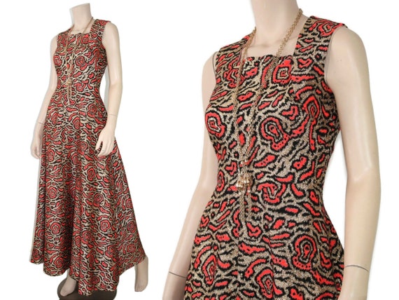 Vintage 60s 70s red & gold metallic leopard dress… - image 2