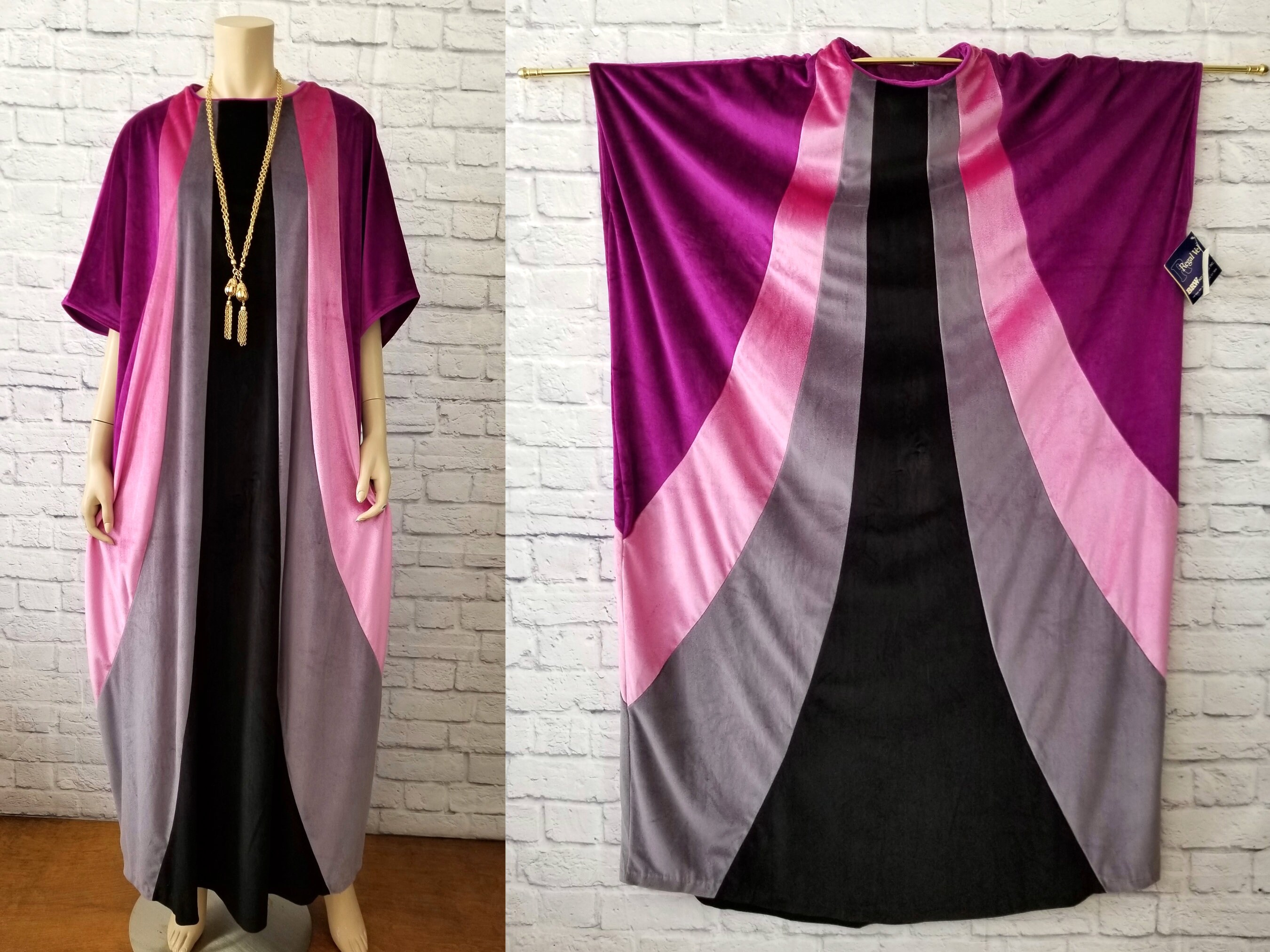 Deadstock Vintage 70s 80s Color Block Stripe Velour Caftan, 1970s