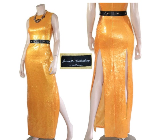 Jeanette Kastenberg yellow sequin column dress, 9… - image 1