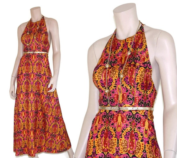 1970's Vintage Multicoloured Halterneck Maxi Dress - TO HIRE 1970's Vintage Multicoloured Halterneck Maxi Dress - TO HIRE