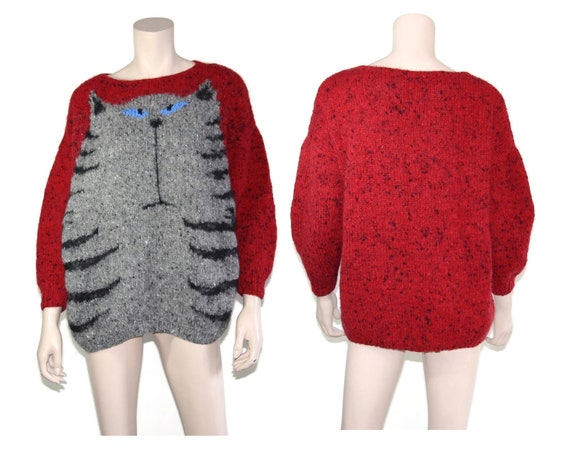 Vintage novelty pop art cat lady sweater, 1980s wo