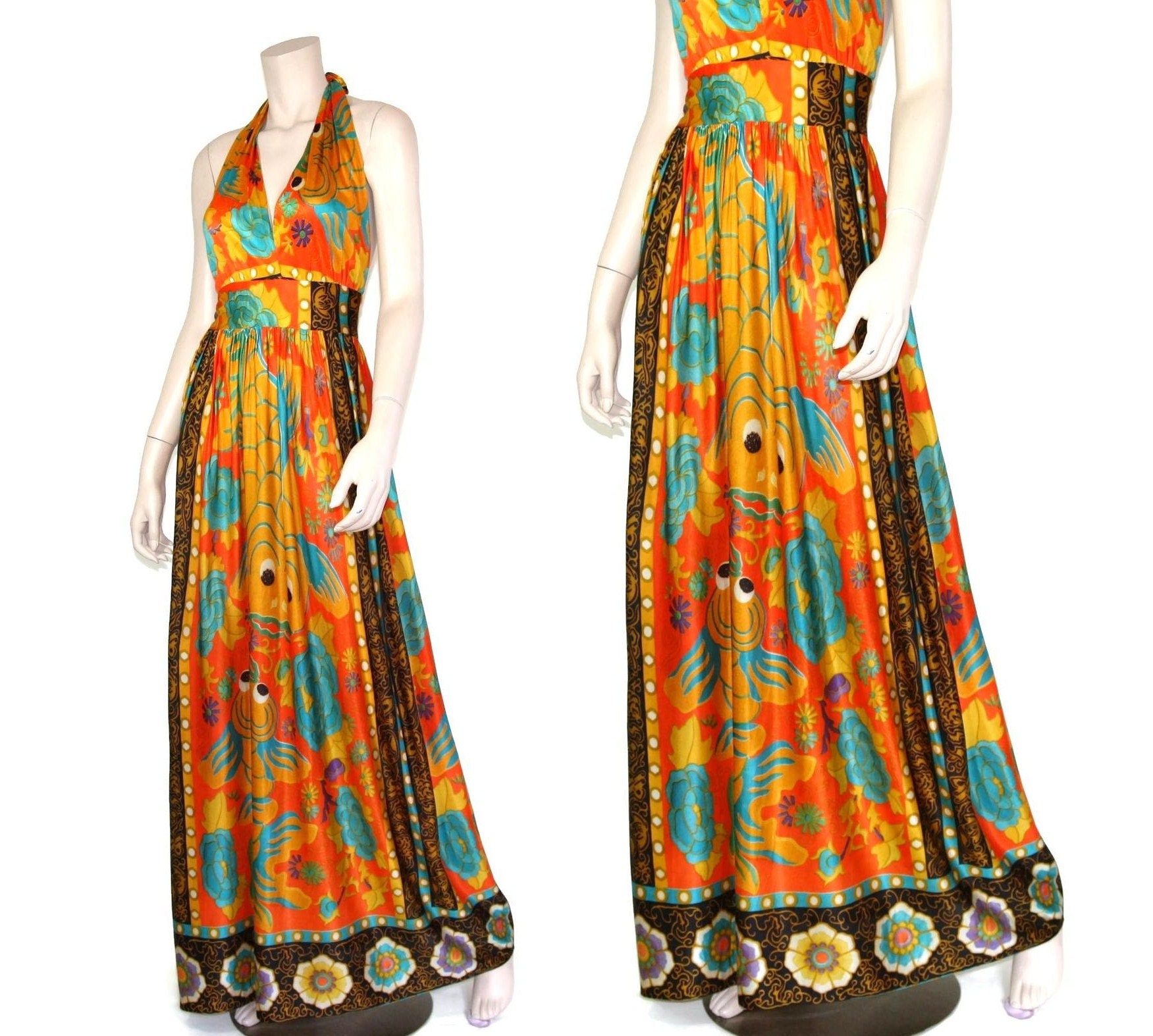 60s 70s Psychedelic Novelty Fish Halter Sun Dress, 1960s 1970s Asian ...