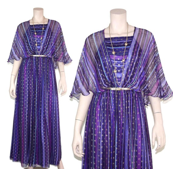 1970s Unlabeled Printed Silk Chiffon Dress w Gold & Silver Thread & Feather Collar & Cuffs