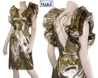 80s gold lurex lame avant garde ruffle dress, 1980s metallic origami ruffled backless corset mini, Bodycon trophy party prom xxs xs small s