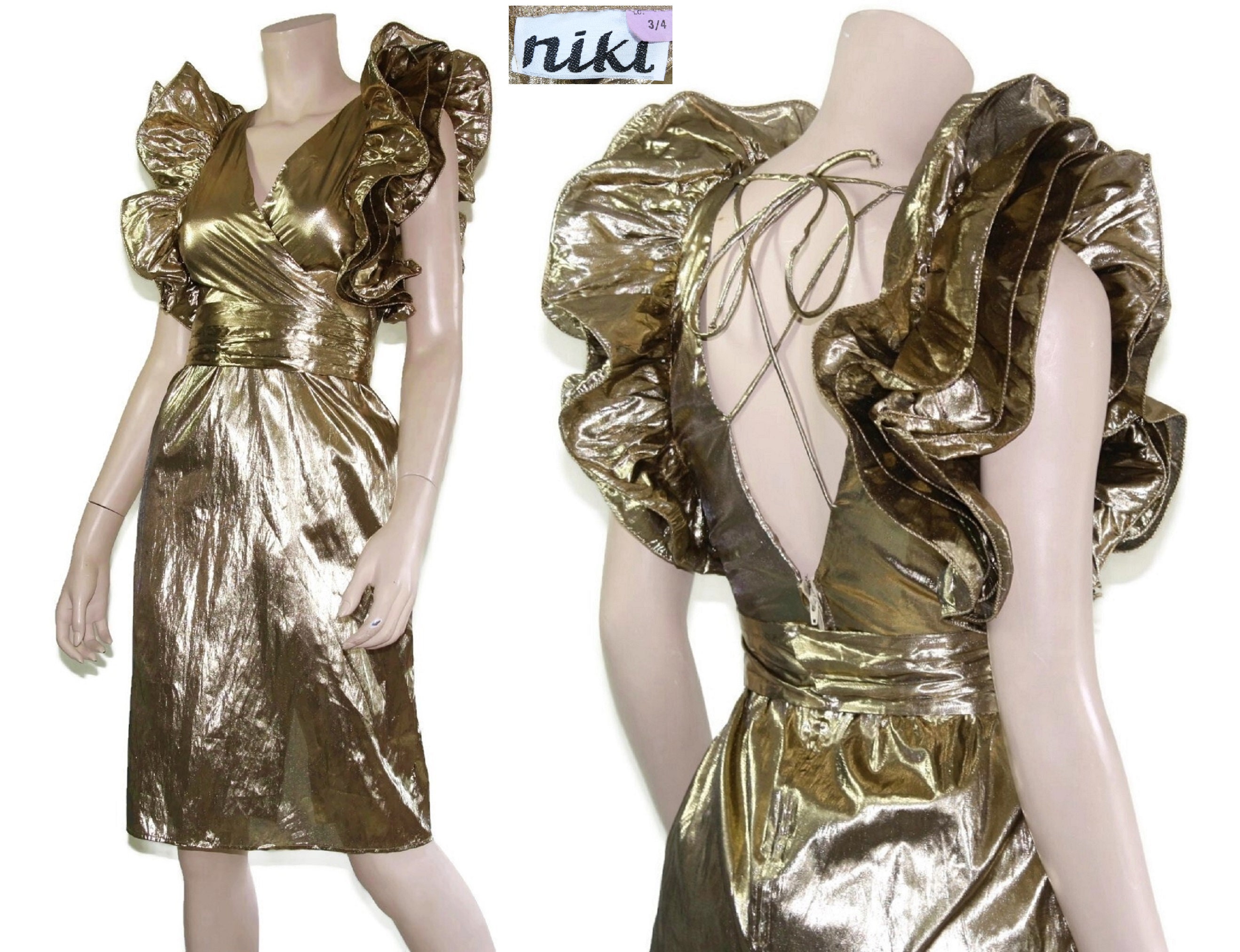 JoieDeVivreVintage 80s Gold Lurex Lame Avant Garde Ruffle Dress 1980s Metallic Origami Ruffled Backless Corset Mini Bodycon Trophy Party Prom XXS Xs Small S