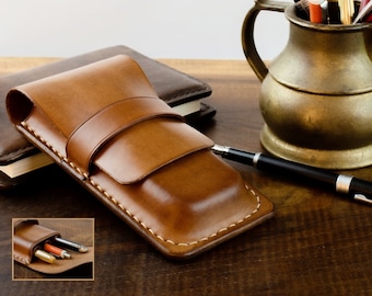 Étui en cuir marron espagnol avec séparateur pour 3 stylos-plumes