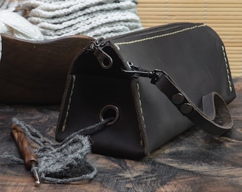Unique and functional leather case for knitting needles, yarn and crochet hooks