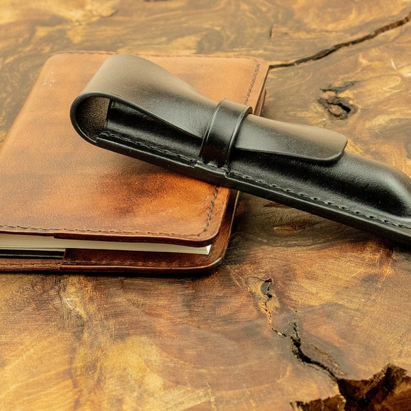 Black leather fountain pen or pencil case ,natural leather