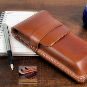 Étui pour stylo plume en cuir marron espagnol fait main avec compartiment coulissant pour 4 à 6 stylos