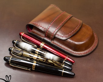 Hand Stitched Leather Fountain Pen Case - 4 Pen Holder, Personalized Gift