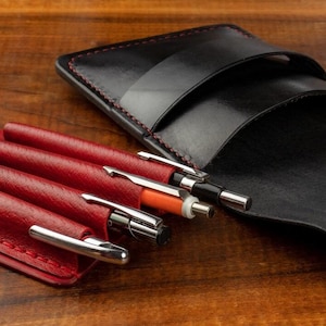 Handcrafted Black Leather Pen Case with Red Divider – Luxurious and Customizable Organizer