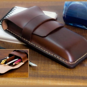Dark cocoa leather case with divider for 4-6 fountain pens or pencils