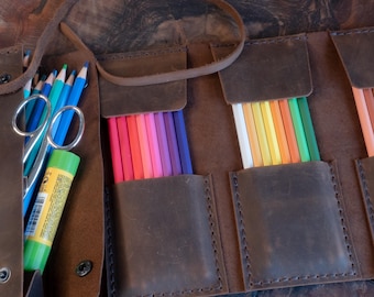 Handmade Crazy Horse Leather Pencil Case: Rustic Artist Pouch