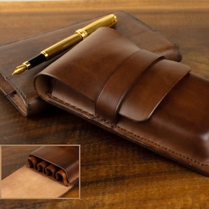 Luxurious Dark cocoa Leather Fountain Pen Case - Handmade with Divider for 4 Pens