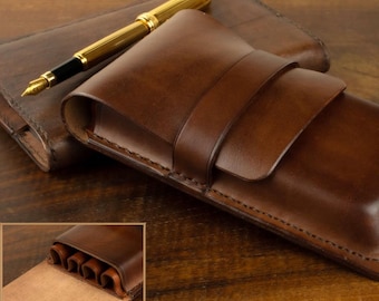 Luxurious Dark cocoa Leather Fountain Pen Case - Handmade with Divider for 4 Pens