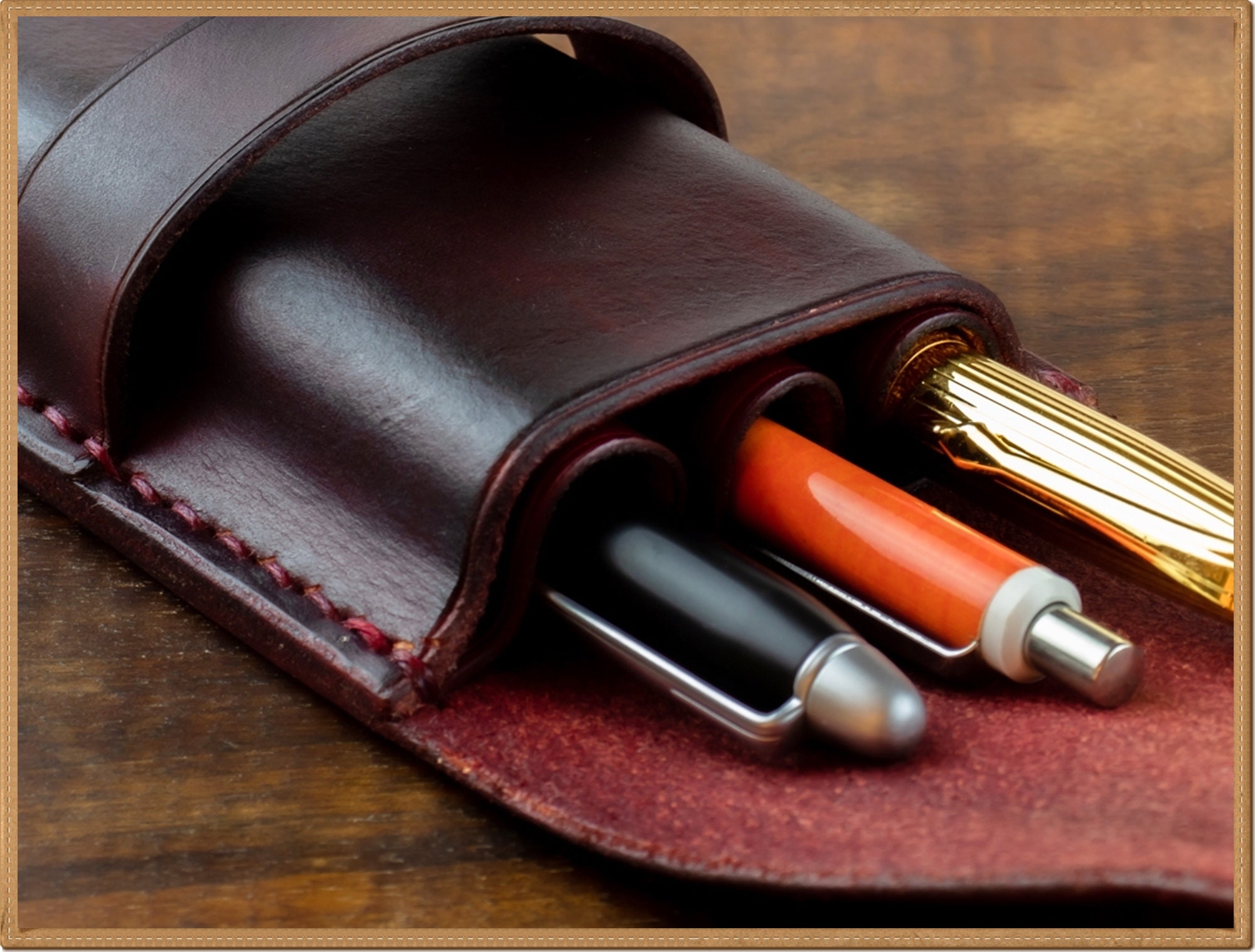 Étui à Stylo Plume En Cuir Véritable 3 Emplacements - Marron, Pochette Zippée
