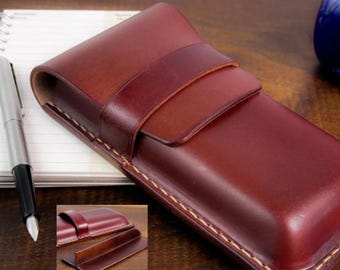 Mahogany Handmade Leather Fountain Pen Case with pull-out compartment for 4-6 pens