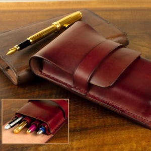 Luxurious Mahogany Leather Fountain Pen Case - Handmade with Divider for 4 Pens