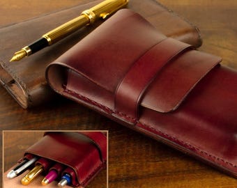 Luxurious Mahogany Leather Fountain Pen Case - Handmade with Divider for 4 Pens
