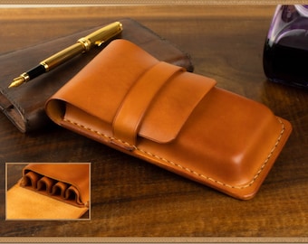 Sadle tan leather case with divider for 4 fountain pens