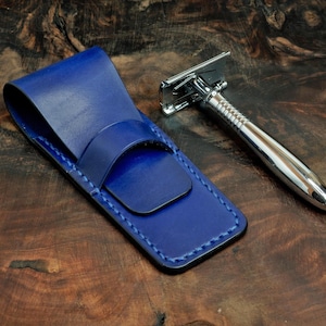Handmade Blue Leather Razor Case – Elegant & Durable Grooming Accessory for Men