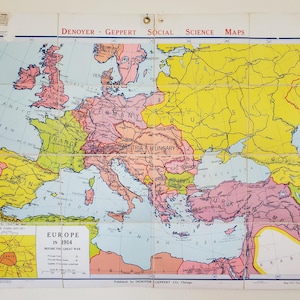 Carte pliante Denoyer Geppert en lin, représentant l'Europe en 1914 (avant la Grande Guerre)