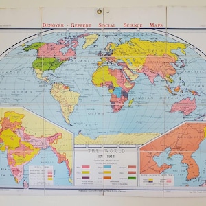 Carte du monde pliante Denoyer Geppert en lin, 1914