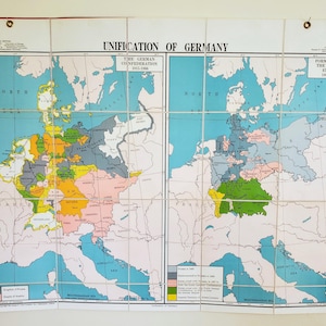 Carte vintage en lin représentant l'unification de l'Allemagne en 1866-1871