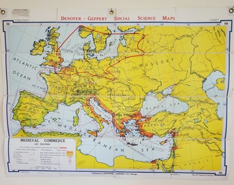 Vintage Denoyer Geppert Folding Linen School Map: Medieval Commerce