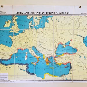 Carte pliante vintage Cram Co. représentant les colonies grecques et phéniciennes, 500 av.