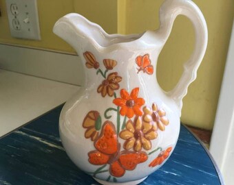 Happy Hippy Days Whimsical Butterflies Flowers Kitchen Garden 1960's/70's Hand Painted 8" Ceramic Pitcher