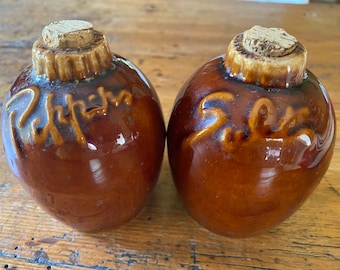 Mint Hull Vintage Stoneware Salt and Pepper Set 1950's USA Ceramic Brown Drip Glaze Original Corks