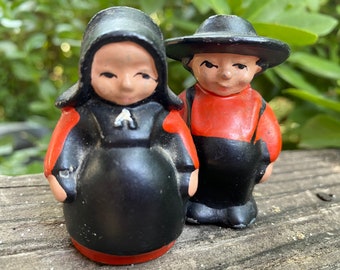 Early to Mid 1900's Vintage Cast Iron Amish/Shaker Man/Woman Hand Painted Red/Black 2 l/4" Salt and Pepper Shakers