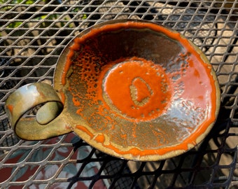 Artsy Metal Craft Orange and Gray MCM 1960's Enamelware Candle Holder With Handle