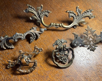 Five Cool Ornate Early 1900’s Art Nouveau and Art Deco Period Brass Drawer Handles and Pulls Various Sizes Sold One Price for All Five