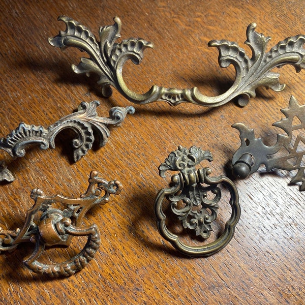 Five Cool Ornate Early 1900’s Art Nouveau and Art Deco Period Brass Drawer Handles and Pulls Various Sizes Sold One Price for All Five