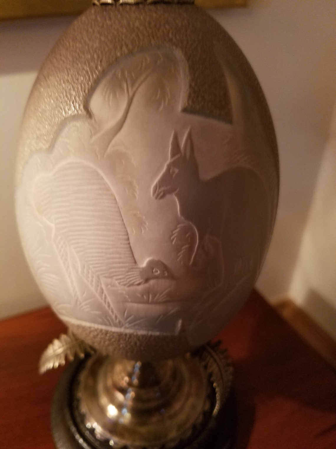 Antique Australian Cameo Carved Emu Egg on Stand 19 Century in Date