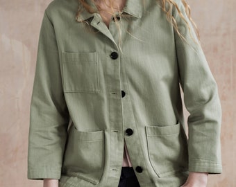 Organic denim workwear chore jacket - garden room green