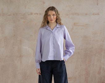 Camisa a rayas con manga fruncida - rayas lilas y blancas